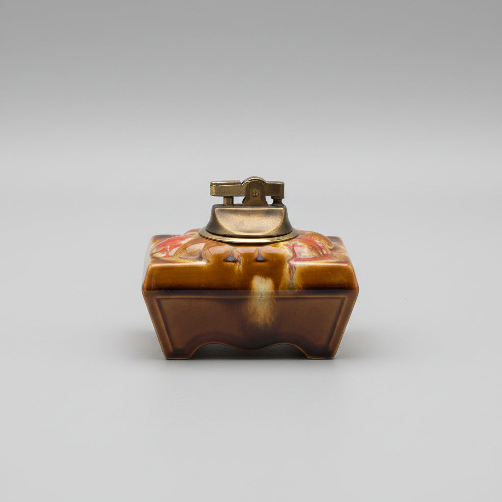 Vintage Mid-Century Modern Ceramic Table Lighter – Retro Brown Drip Glaze (Working Spark)