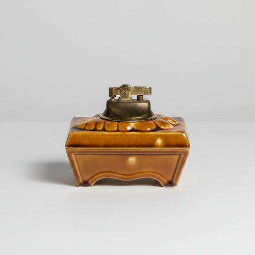 Vintage Mid-Century Modern Ceramic Table Lighter – Retro Brown Drip Glaze (Working Spark)