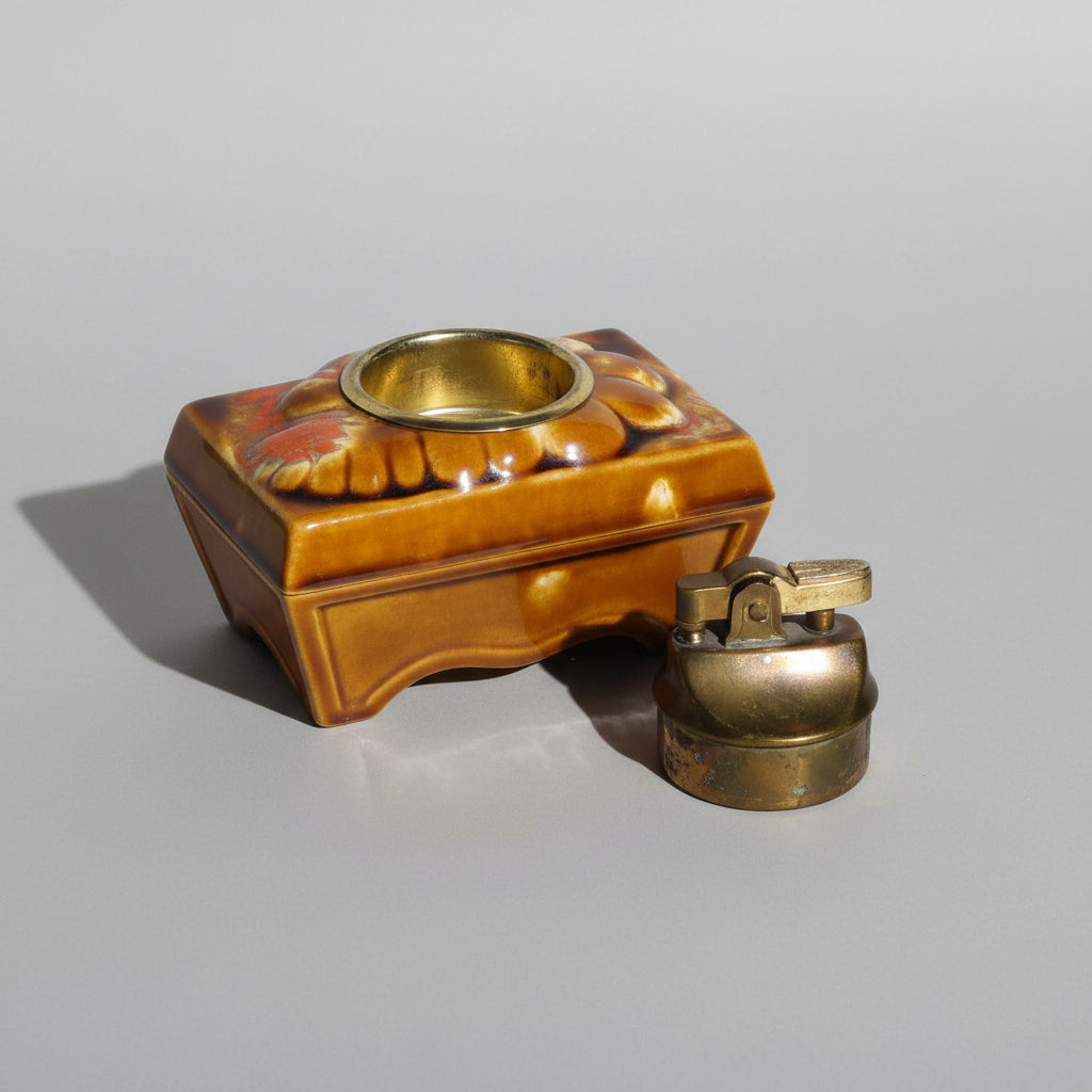 Vintage Mid-Century Modern Ceramic Table Lighter – Retro Brown Drip Glaze (Working Spark)
