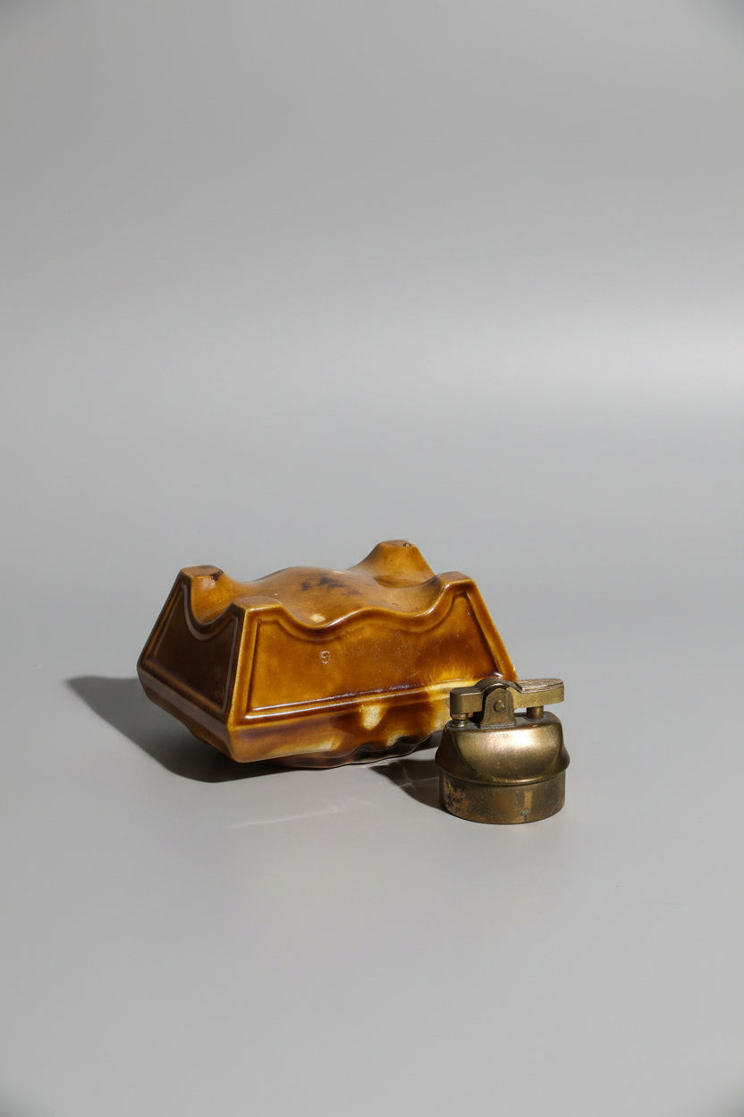 Vintage Mid-Century Modern Ceramic Table Lighter – Retro Brown Drip Glaze (Working Spark)