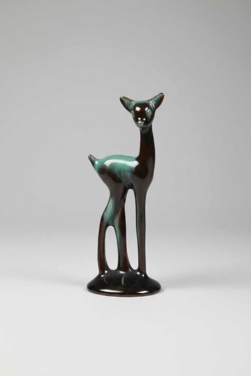 Mid-Century Blue Mountain Pottery Standing Fawn – Iconic Green & Black Drip Glaze Ceramic Deer