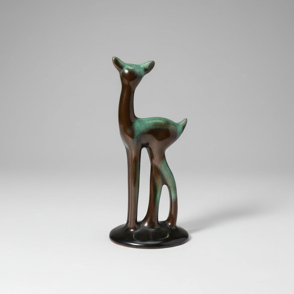 Mid-Century Blue Mountain Pottery Standing Fawn – Iconic Green & Black Drip Glaze Ceramic Deer