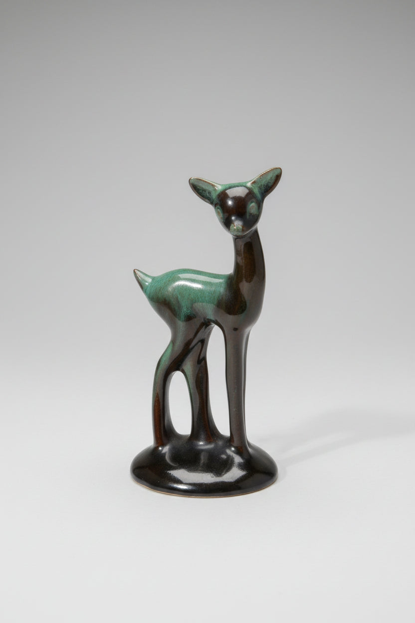 Mid-Century Blue Mountain Pottery Standing Fawn – Iconic Green & Black Drip Glaze Ceramic Deer